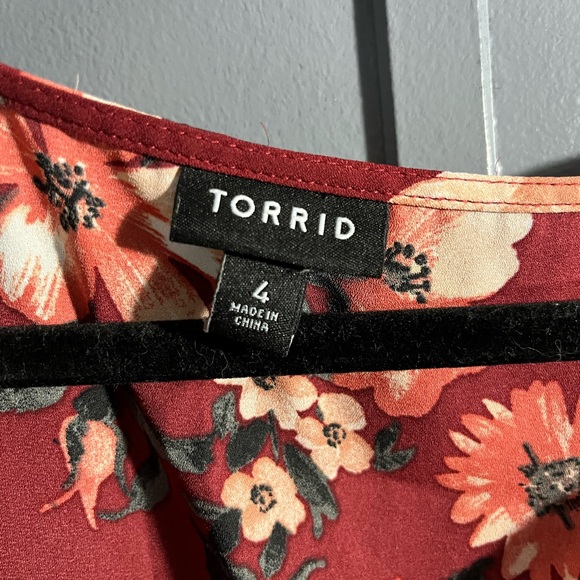 Torrid Burgundy Floral Dress with Ruffle Sleeves - Picture 2 of 2